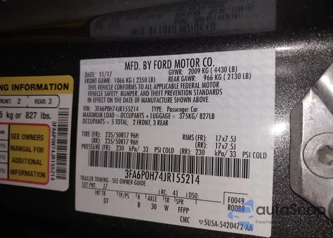 2018 Ford Fusion Se из США, поврежденный, VIN 3FA6P0H74JR155214